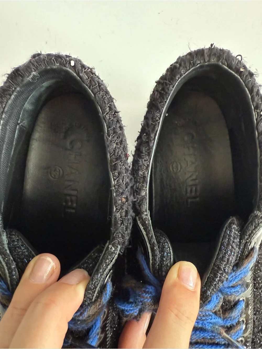 CHANEL CC Tweed Leather Black Navy Trainers Sneakers Shoes